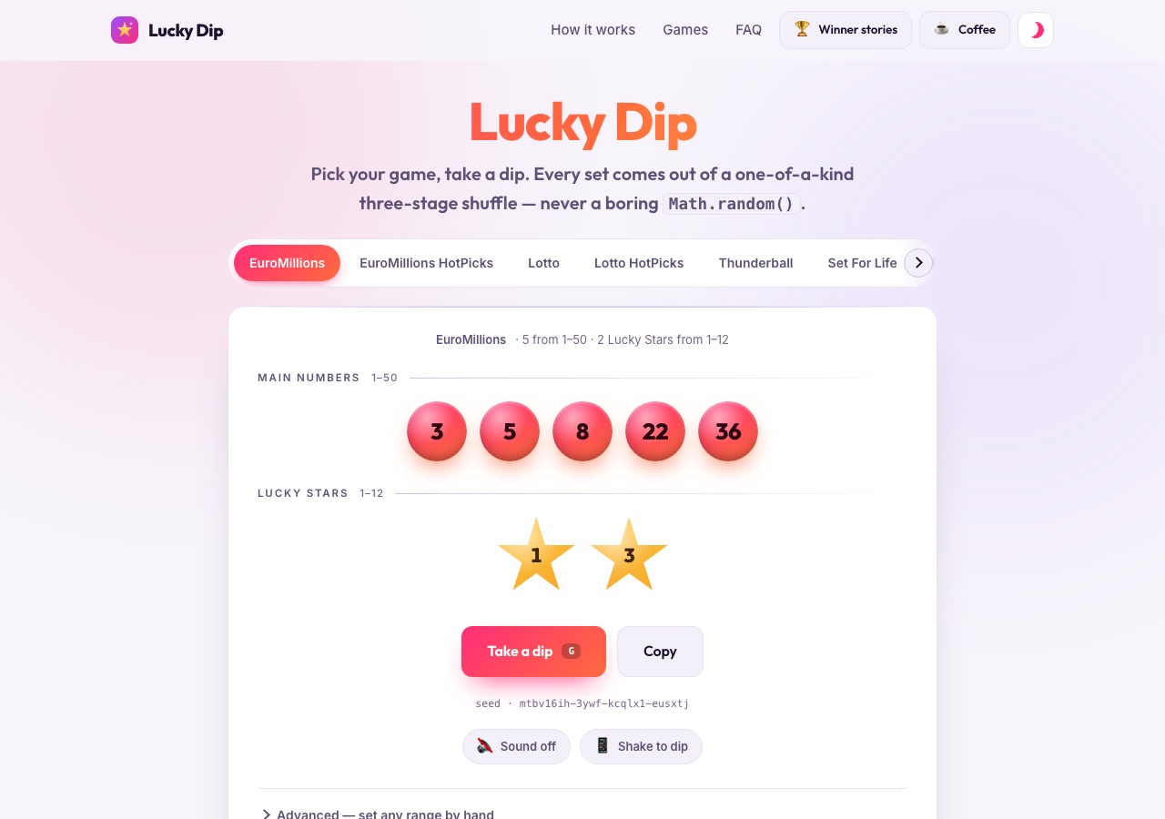 Lucky Dip on the web — EuroMillions dip with game presets, red balls, gold stars and the seed printed beneath