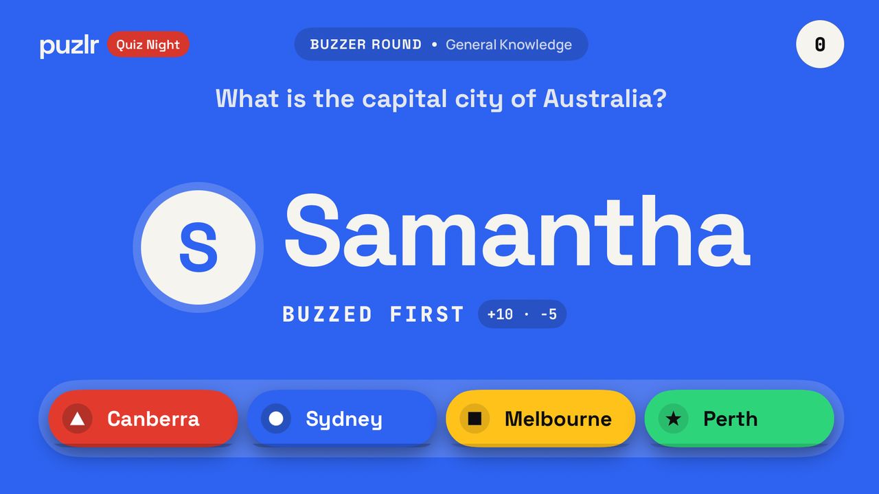 The TV during a buzzer round: the first player to buzz, shown large above the four answers