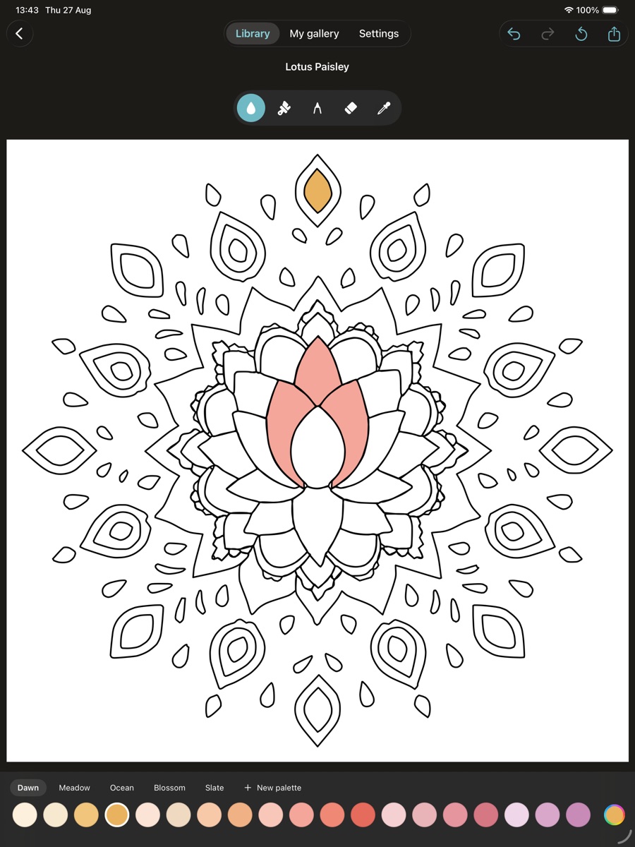 Tintl's canvas — a lotus mandala part-coloured with the Dawn palette