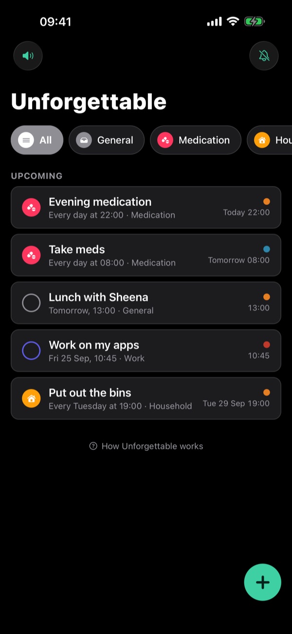 Unforgettable's list in dark mode — upcoming reminders with coloured category badges and chips across the top