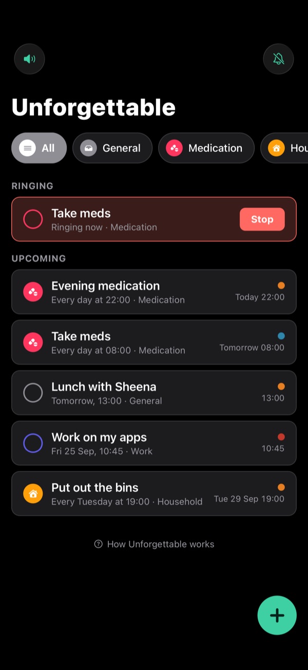 A reminder ringing at the top of the list, outlined in red, with a Stop button