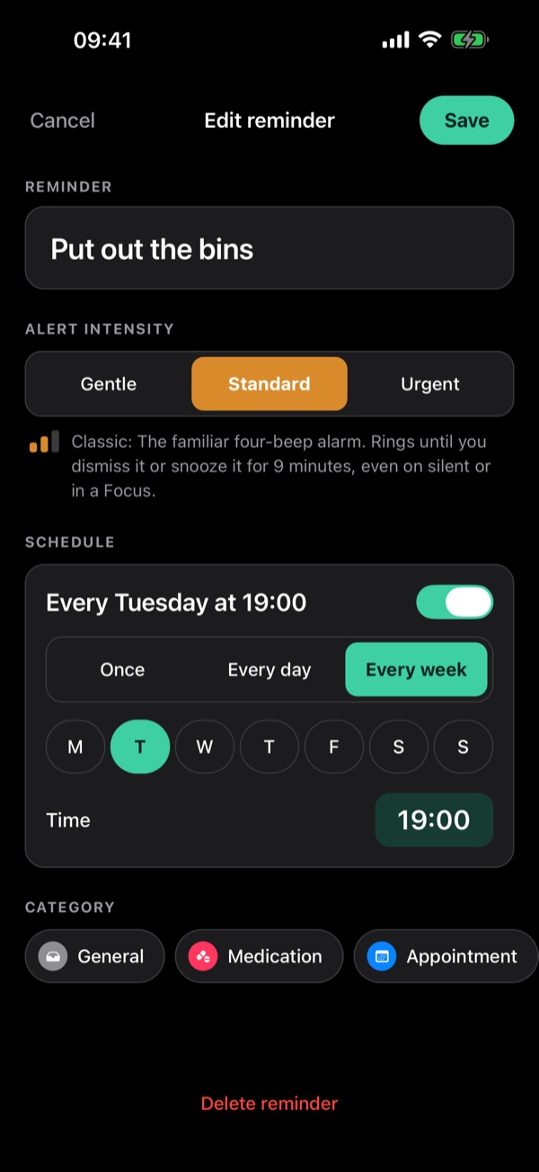 Editing a reminder — alert intensity, a weekly schedule with Tuesday picked, the time and the category